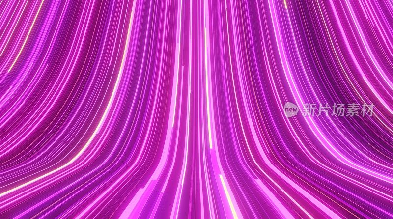 科幻小说中的光速。超翘曲未来紫光。抽象粉红紫色运动辉光痕迹。背景中闪烁着霓虹灯的条纹。3 d演示。